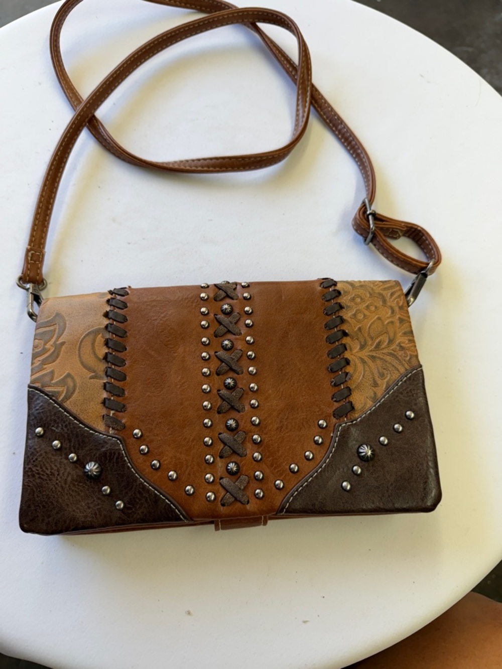 American Bling Brown Two-Tone Studded Crossbody with Western Embossing